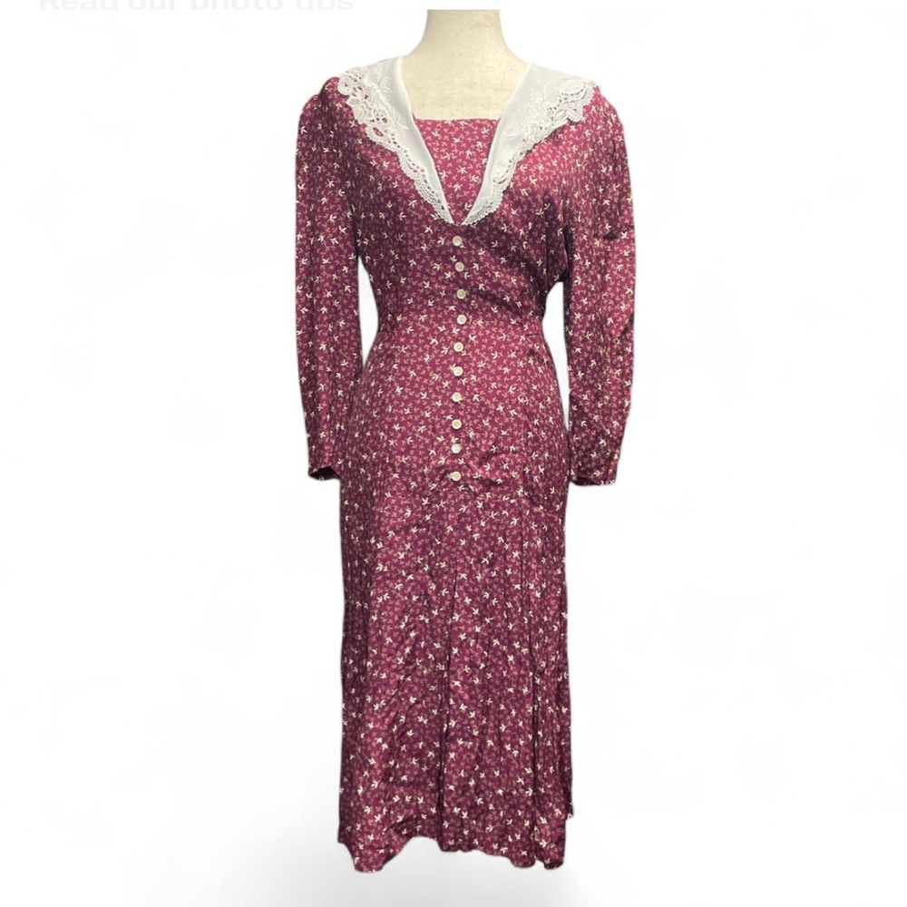 Jonathan Martin Burgundy Floral Calico Print Lace Collar Cottagecore‎ Midi Dress